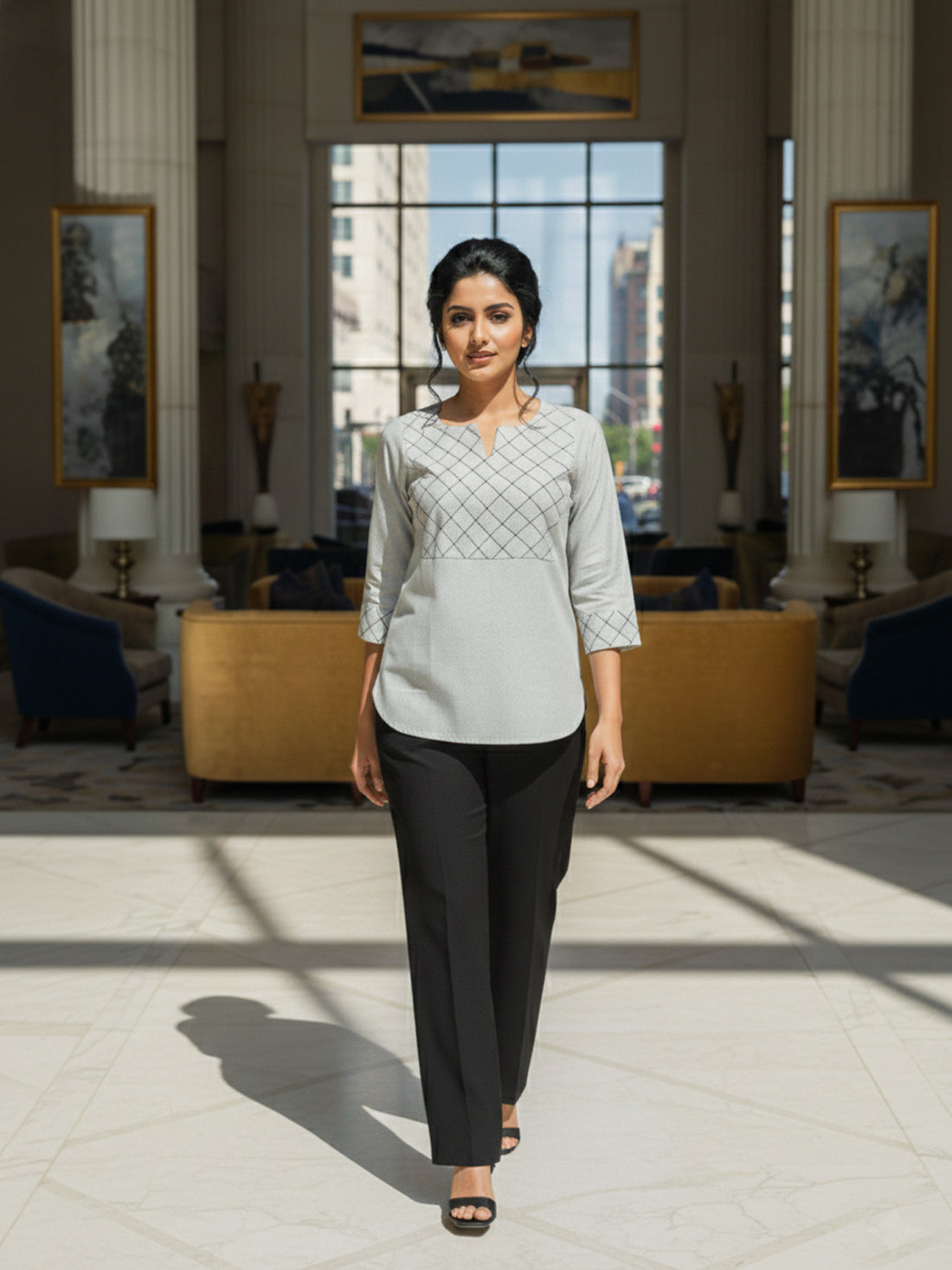 Melange Grey Cotton Handloom Yoke Design Top