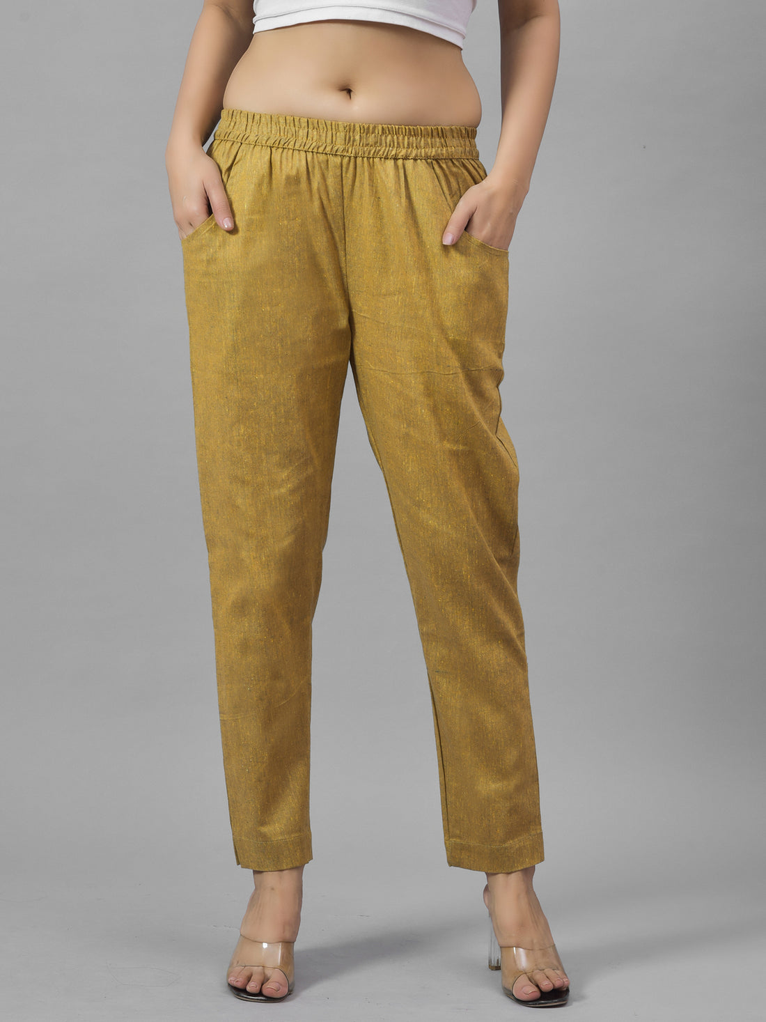 Bundle of 2 Melange & Mustard Handloom Cotton Round Elastic Trousers