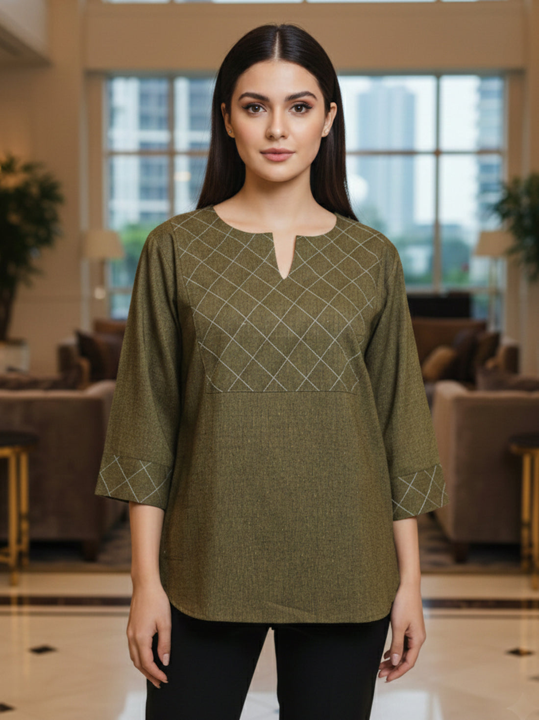 Mustard Cotton Handloom Yoke Design Top