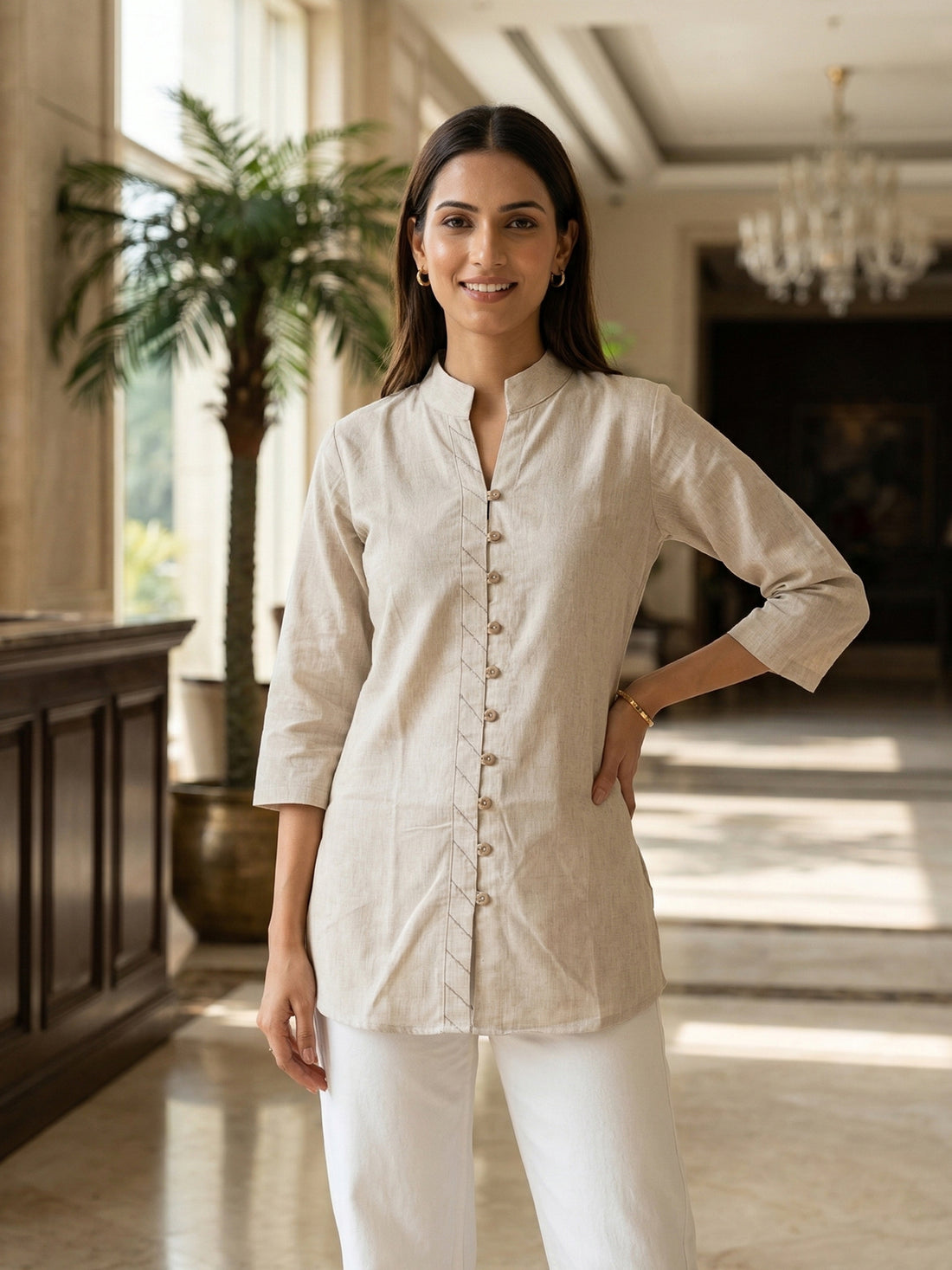 OffWhite & Pink Handloom Cotton Front-Slit Short Kurti Combo