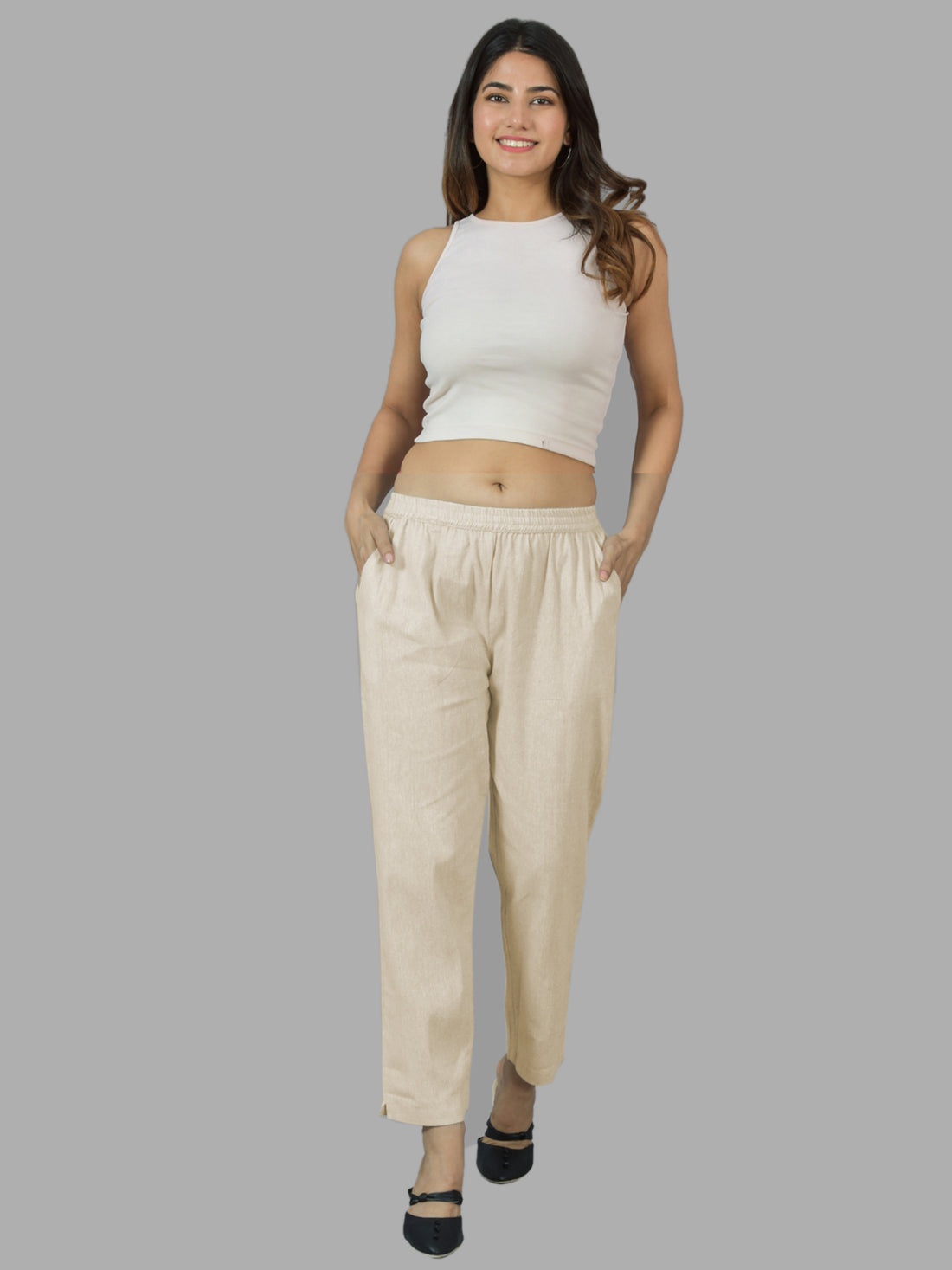 Bundle of 2  OffWhite & Mustard Handloom Cotton Round Elastic Trousers