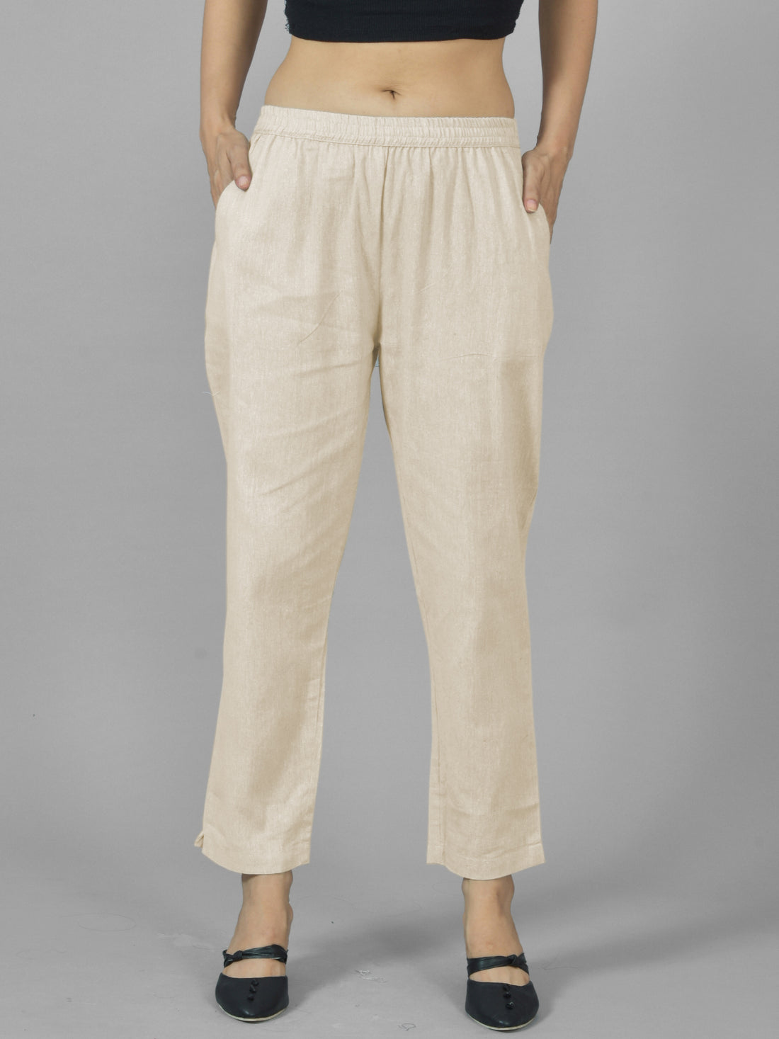 Bundle of 2  OffWhite & Red Handloom Cotton Round Elastic Trousers