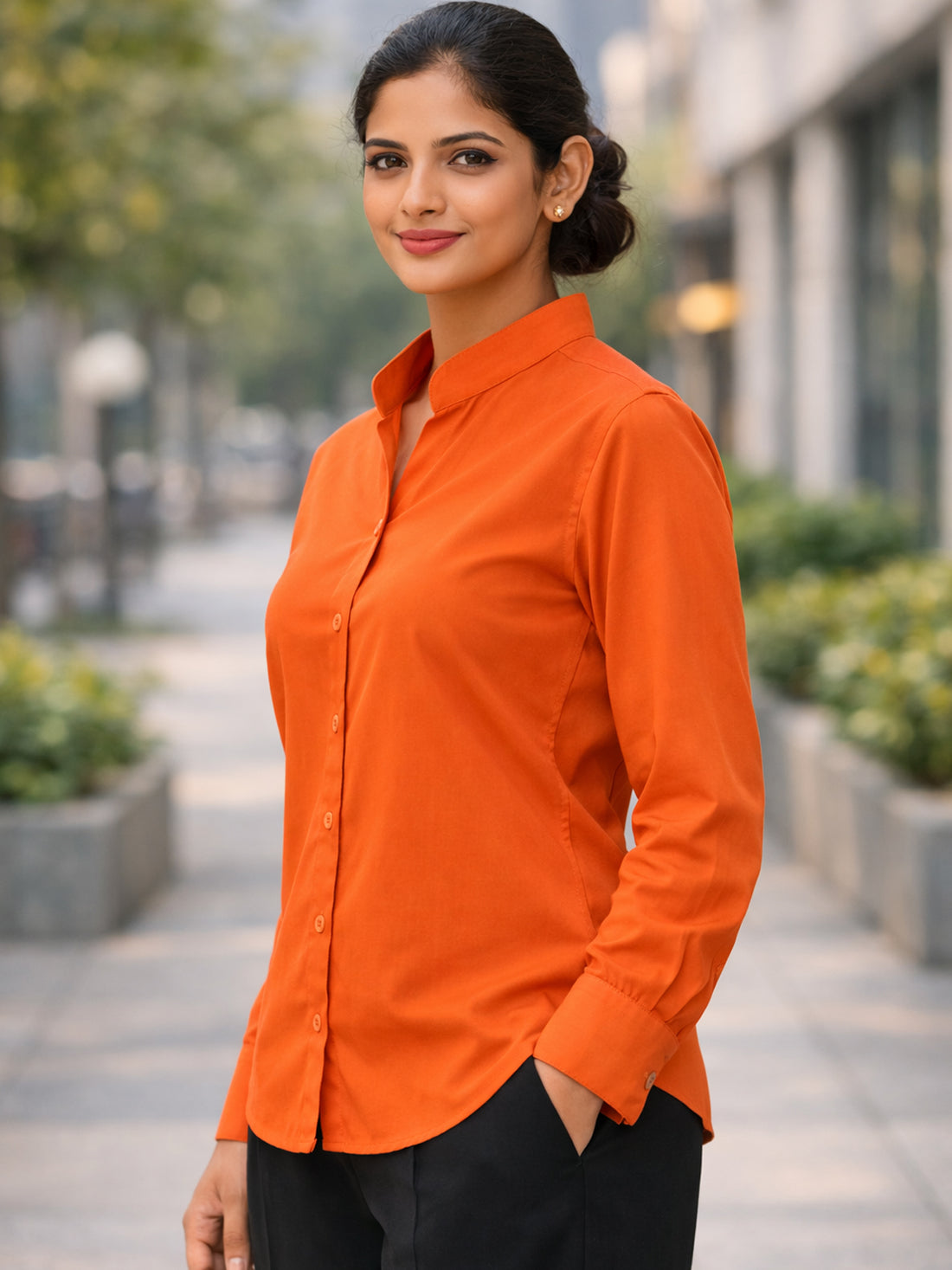 Women Solid Orange Viscose Shirt