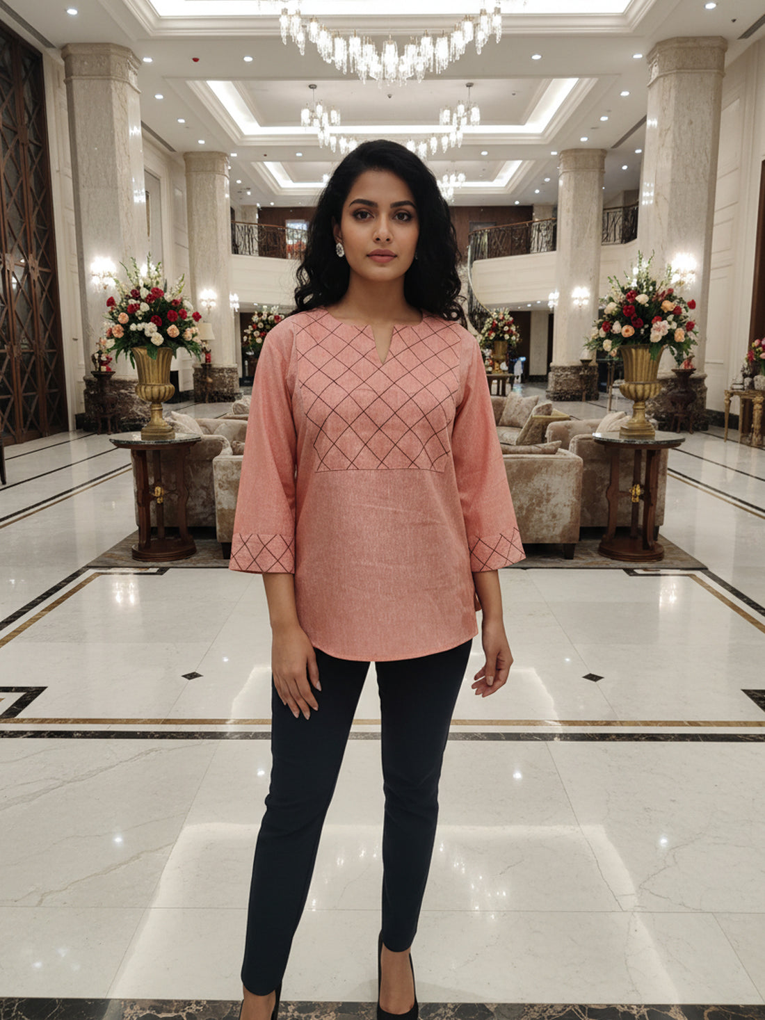 Orange Cotton Handloom Yoke Design Top