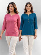 Peach & Teal Blue Rayon Short Kurti