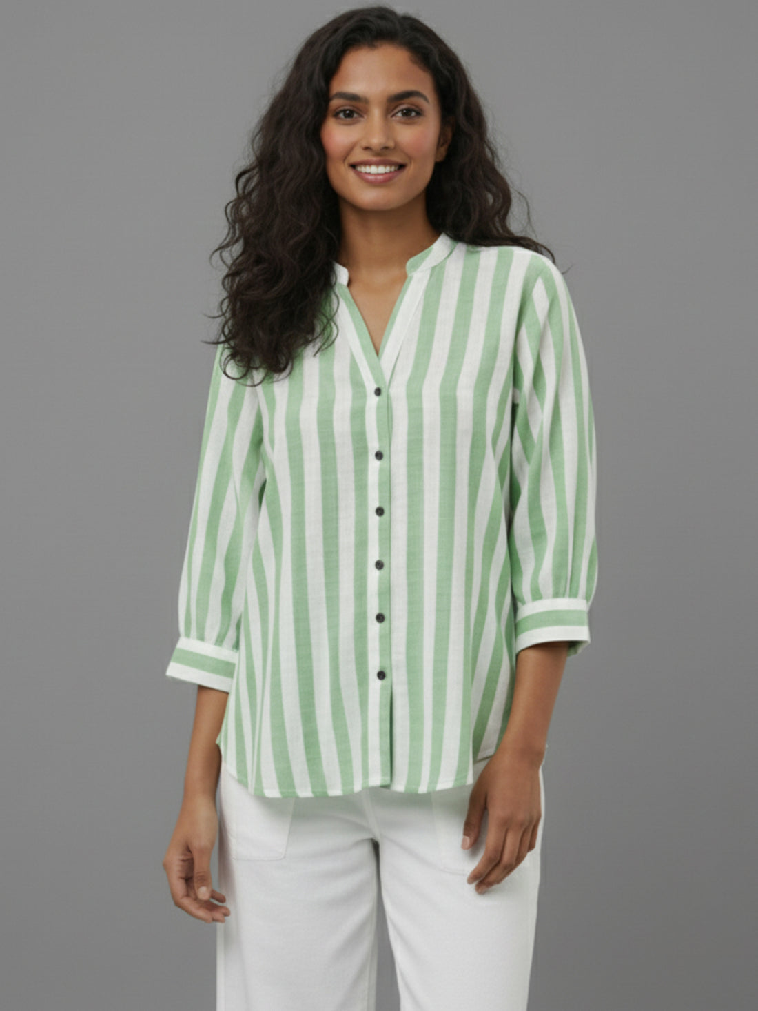 Bundle of 2 Elegant Parrot Green & Red Stripe Shoulder-Pleat Shirt