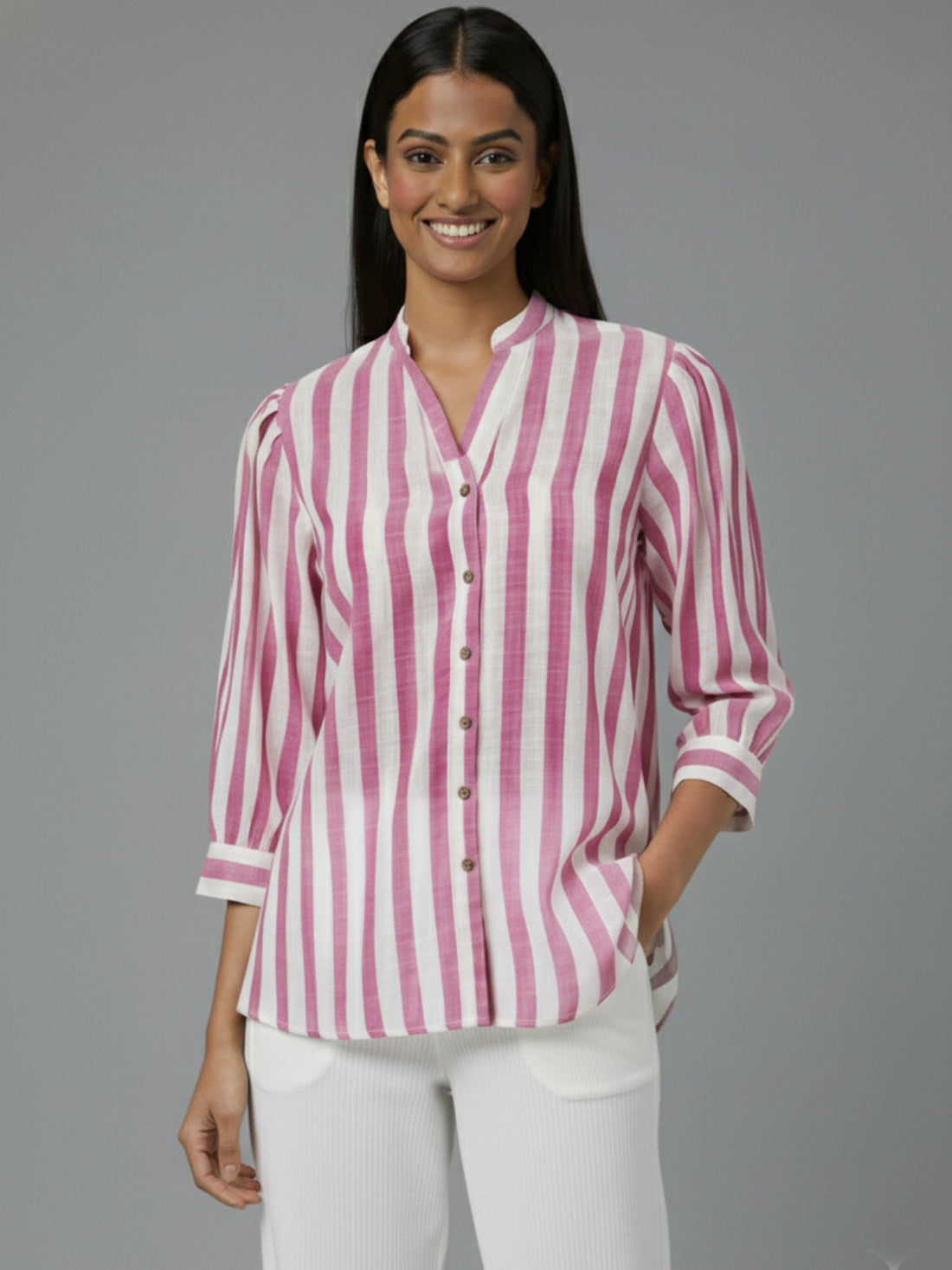 Bundle of 2 Elegant Pink & Red Stripe Shoulder-Pleat Shirt