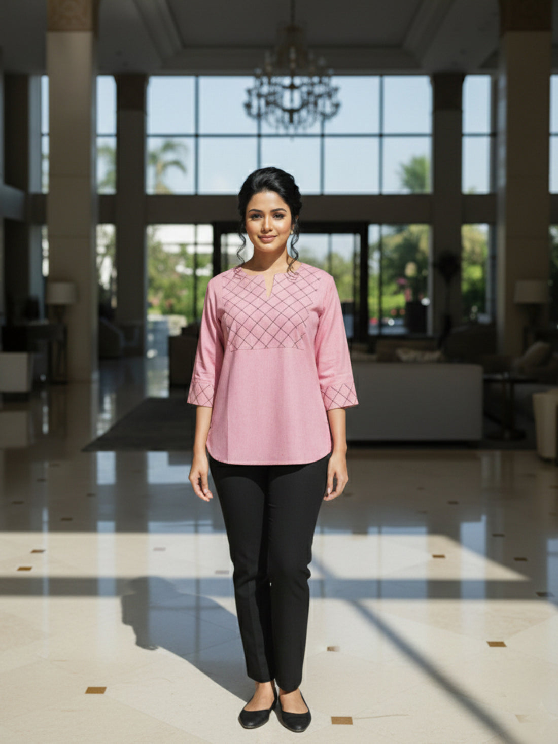 Pink Cotton Handloom Yoke Design Top