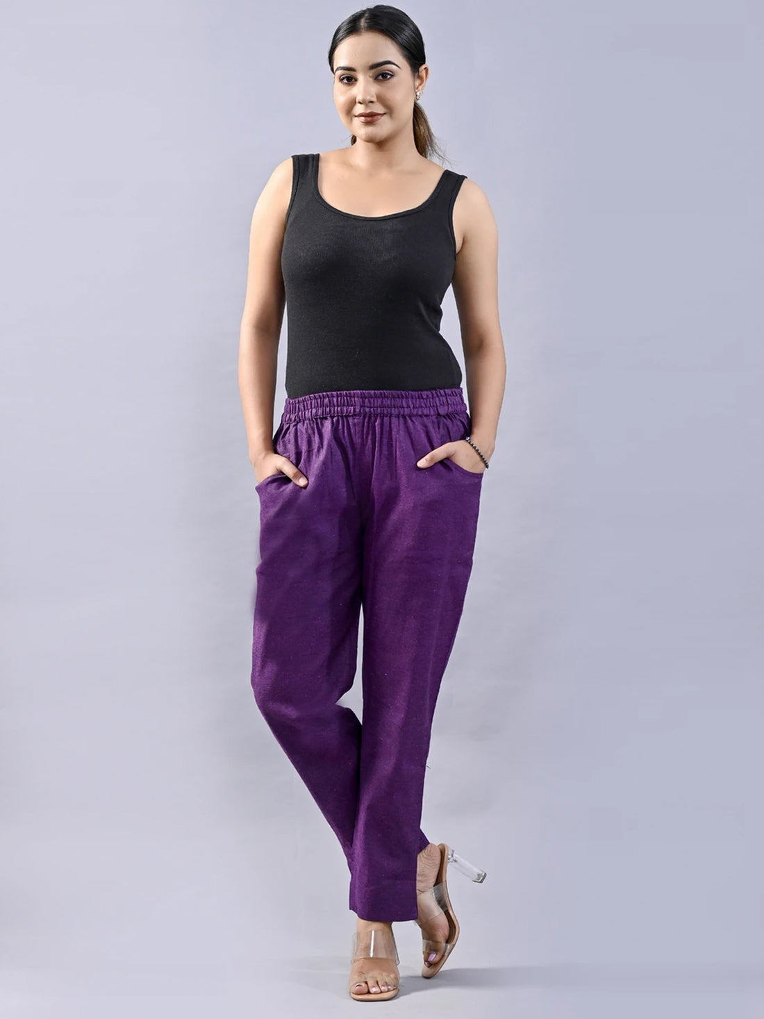 Bundle of 2 Dark Purple & Skyblue Handloom Cotton Round Elastic Trousers