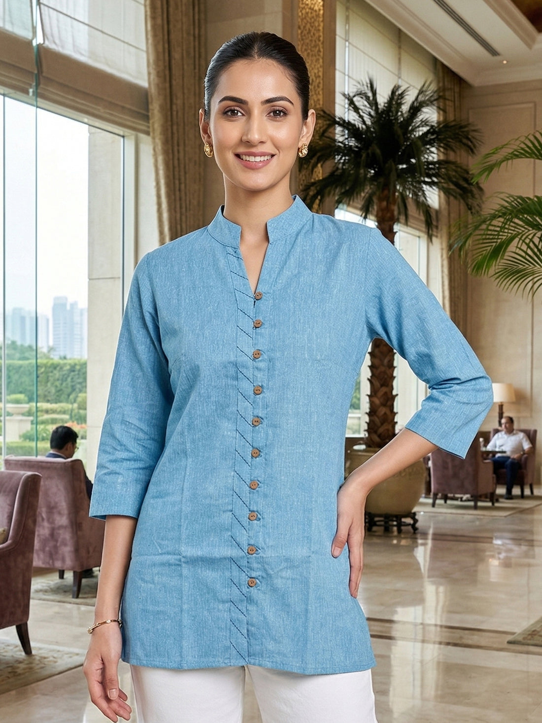 SkyBlue & Yellow Handloom Cotton Front-Slit Short Kurti Combo