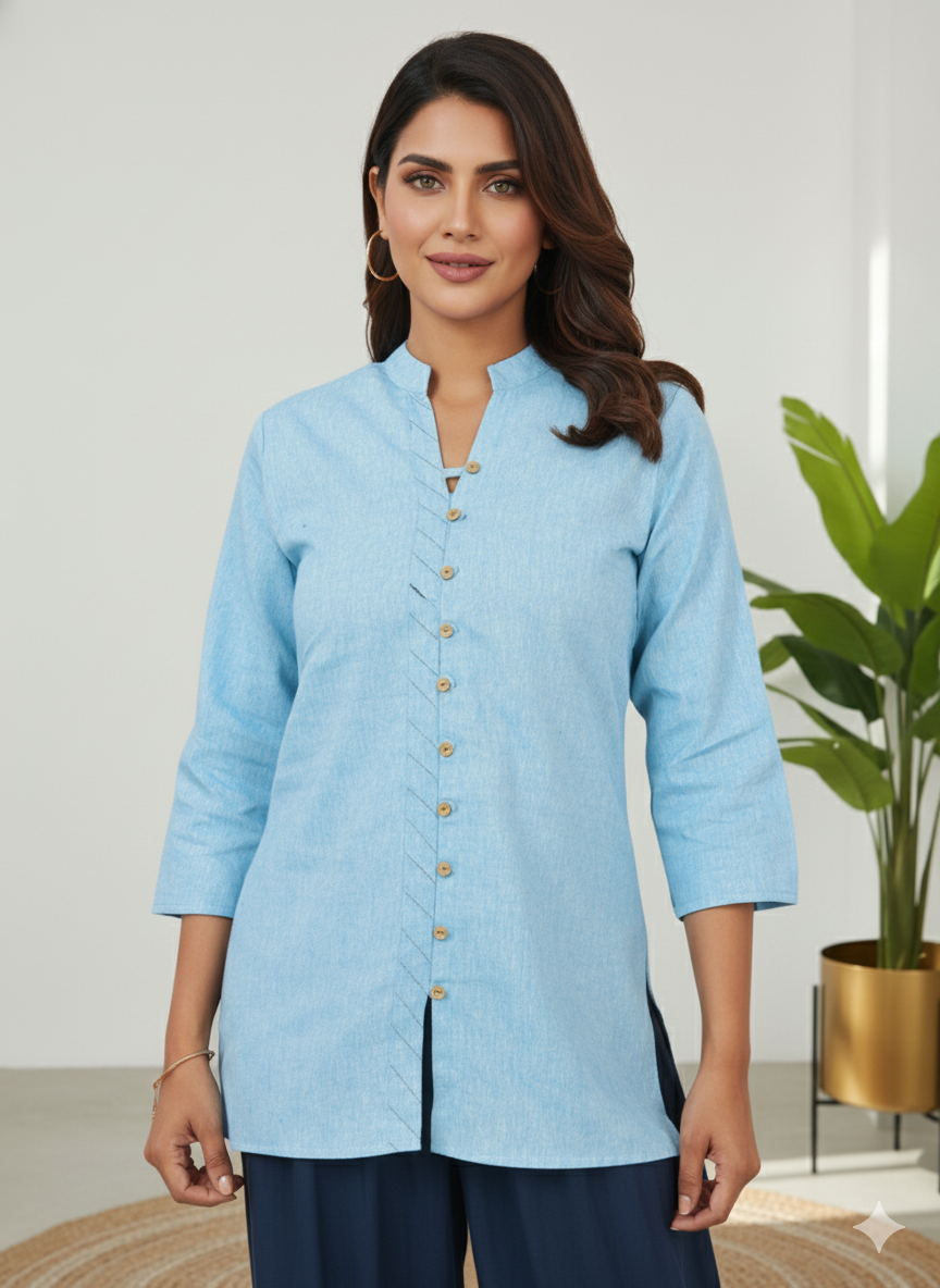 SkyBlue Handloom Cotton Front-Slit Short Kurti for Women