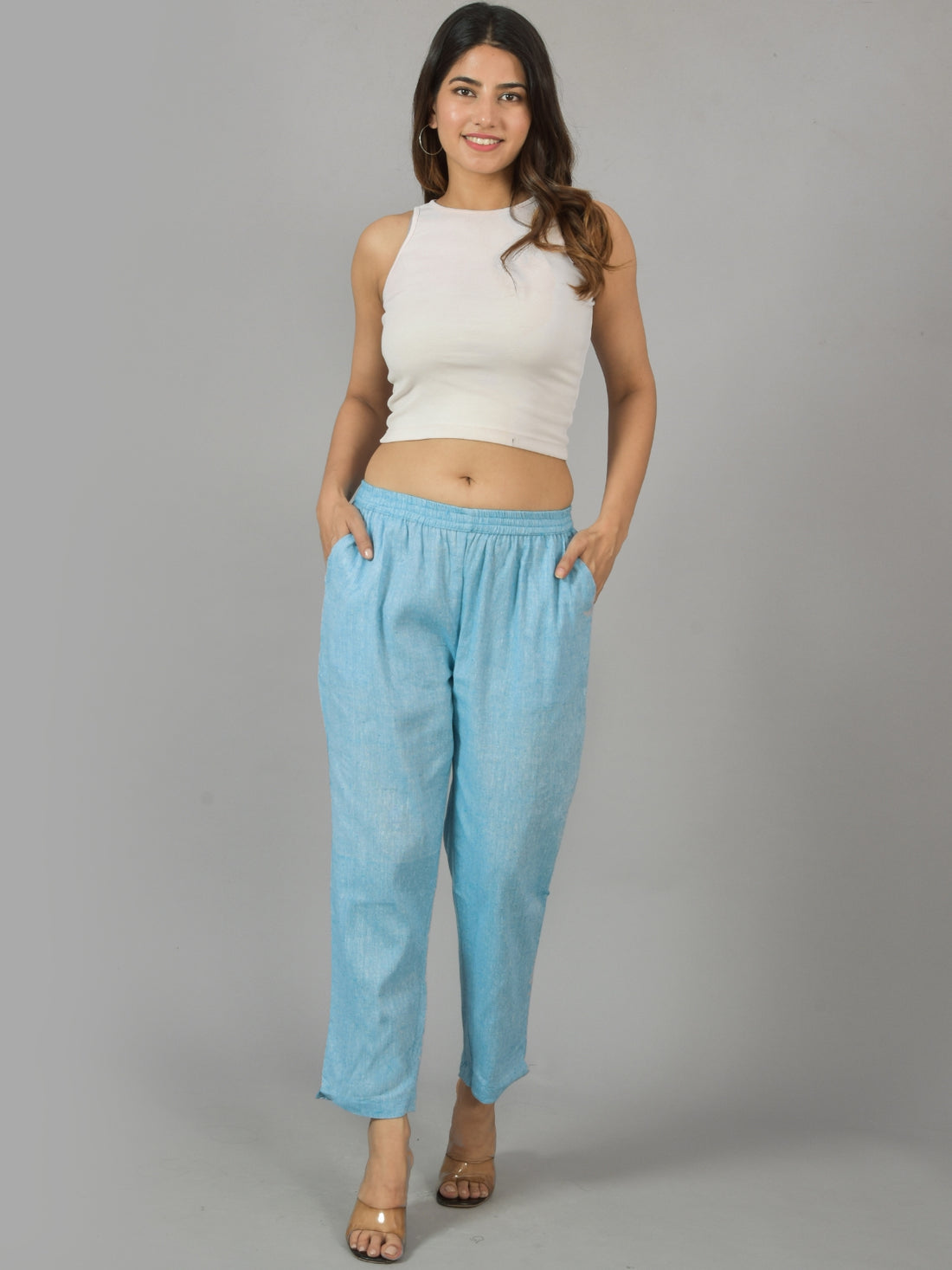 Bundle of 2 SkyBlue & TealBlue Handloom Cotton Round Elastic Trousers