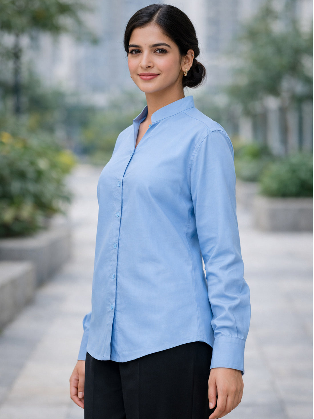 Women Solid Sky Blue Viscose Shirt