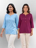 SkyBlue & Wine Rayon Short Kurti