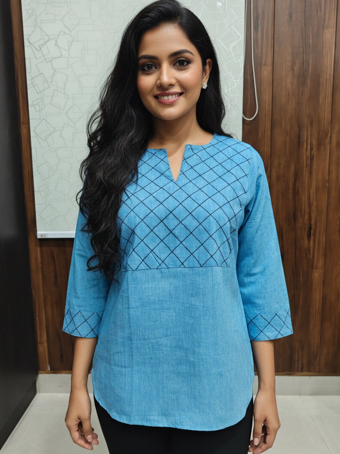 Sky Blue Cotton Handloom Yoke Design Top