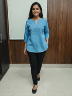 Sky Blue Cotton Handloom Yoke Design Top
