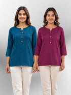 Teal Blue & Wine Rayon Short Kurti