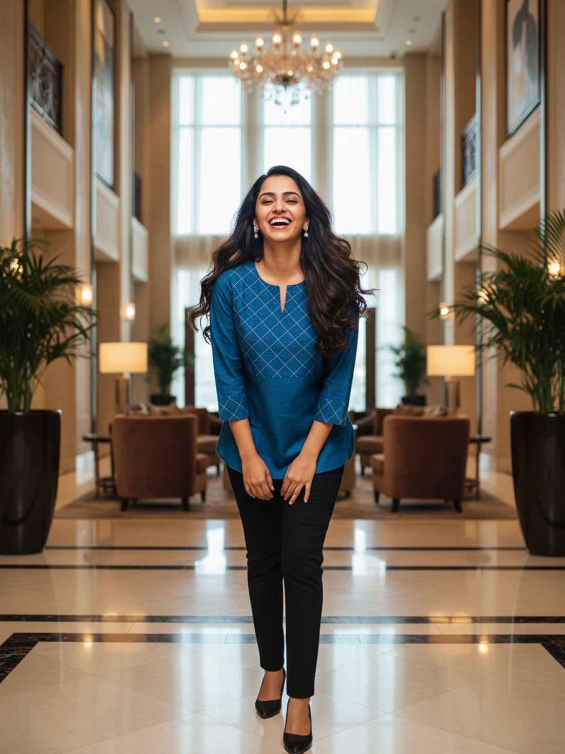 Teal Blue Cotton Handloom Yoke Design Top