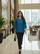 Teal Blue Cotton Handloom Yoke Design Top