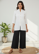 White Handloom Cotton Front-Slit Short Kurti for Women