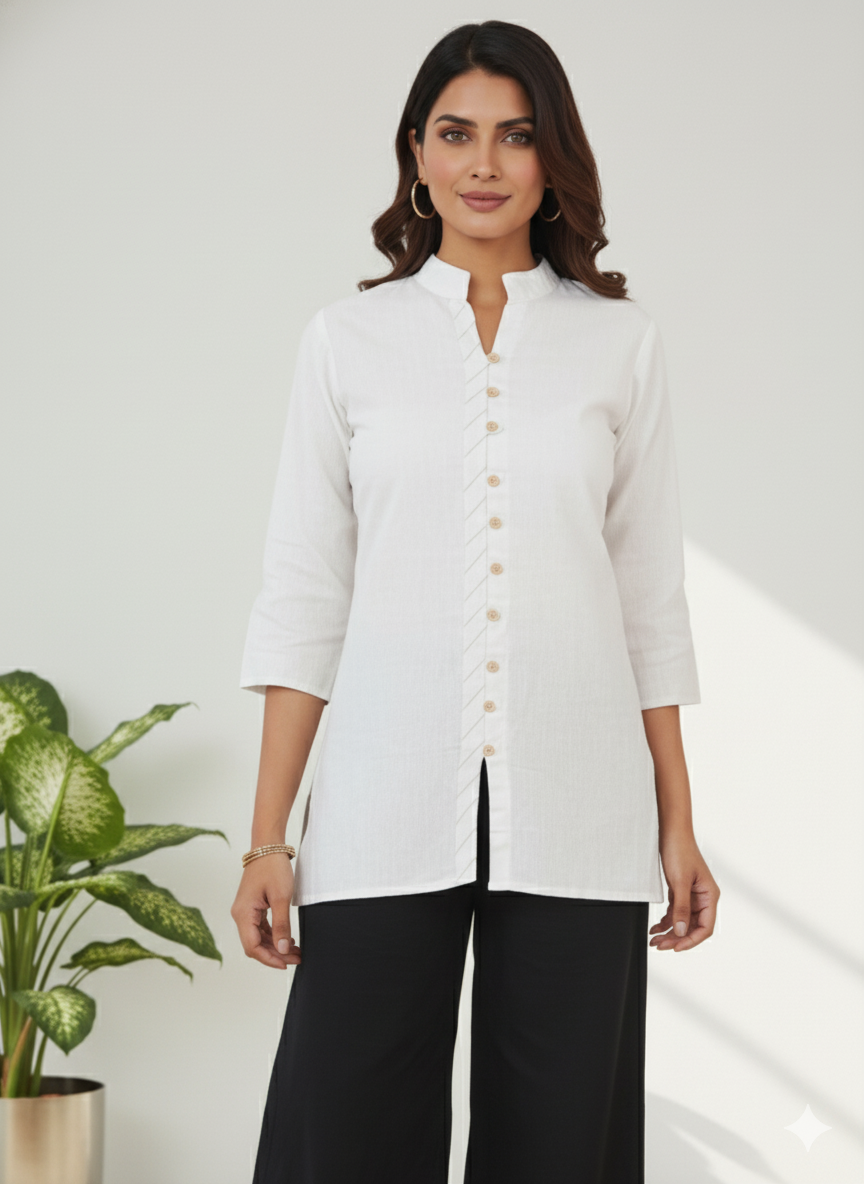 White Handloom Cotton Front-Slit Short Kurti for Women