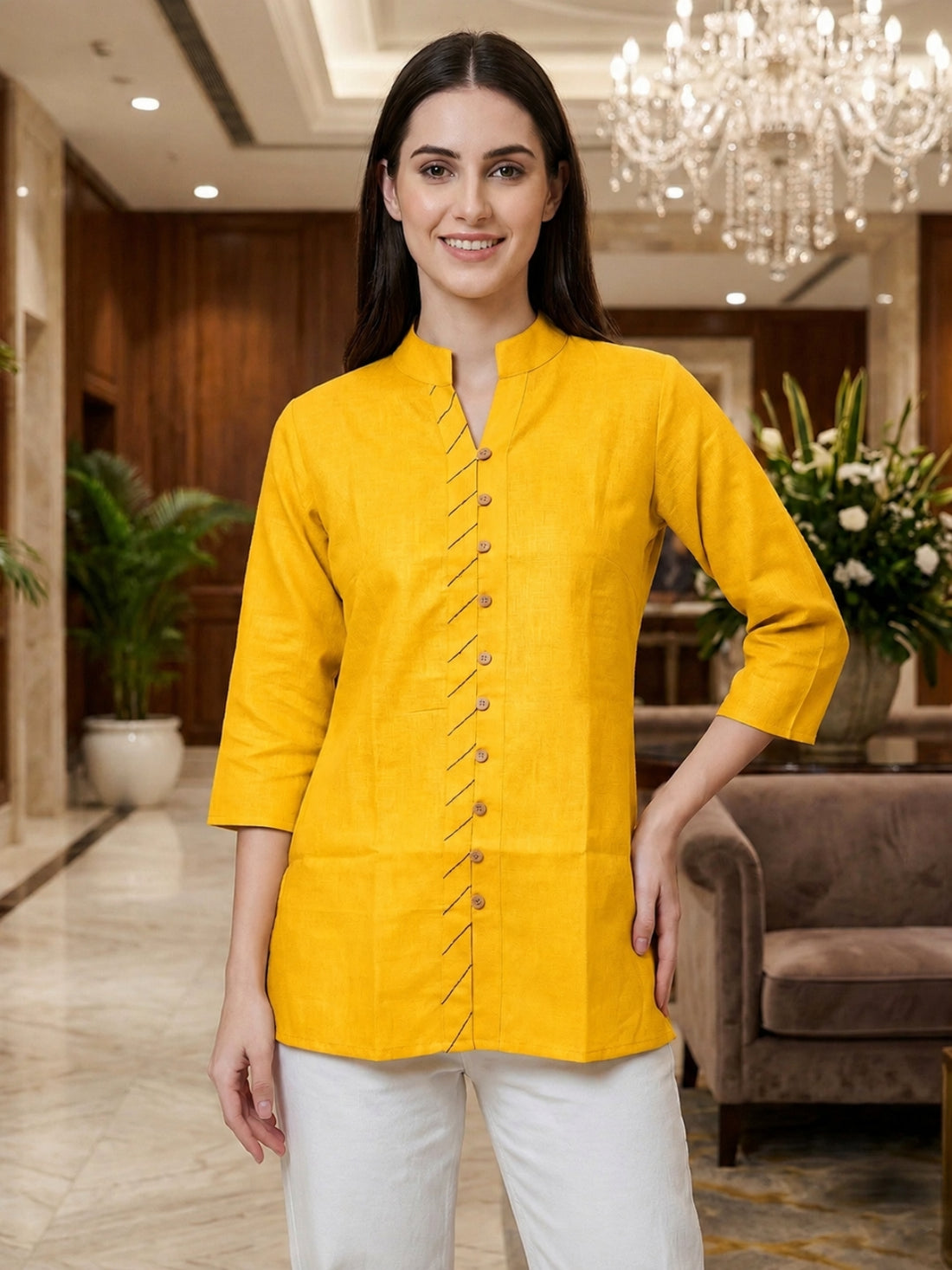 Yellow Handloom Cotton Front-Slit Short Kurti for Women