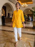Yellow Handloom Cotton Front-Slit Short Kurti for Women