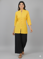 Yellow Handloom Cotton Front-Slit Short Kurti for Women