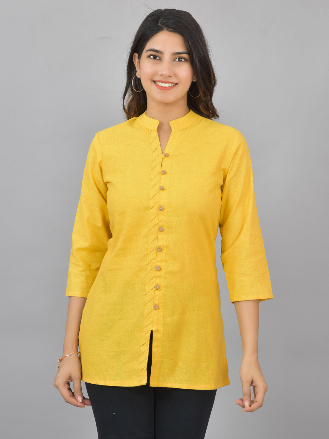 Yellow Handloom Cotton Front-Slit Short Kurti for Women