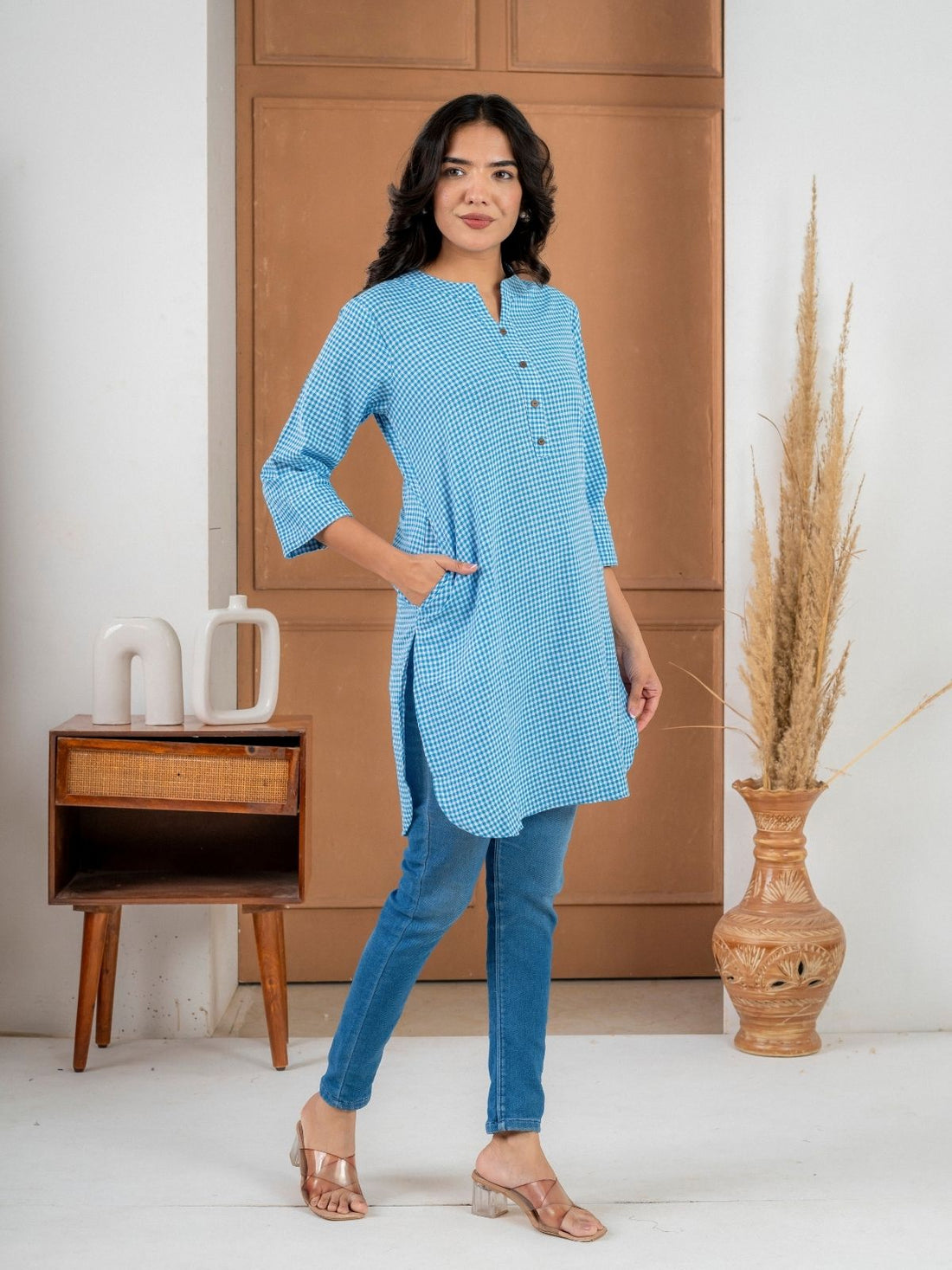 SkyBlue Mini Checks Cotton Short Kurti