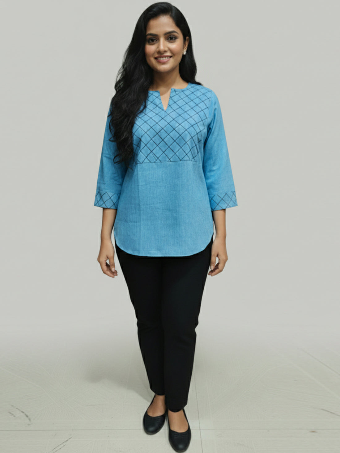 Bundle of 2 SkyBlue & Tealblue Cotton Handloom Yoke Design Top