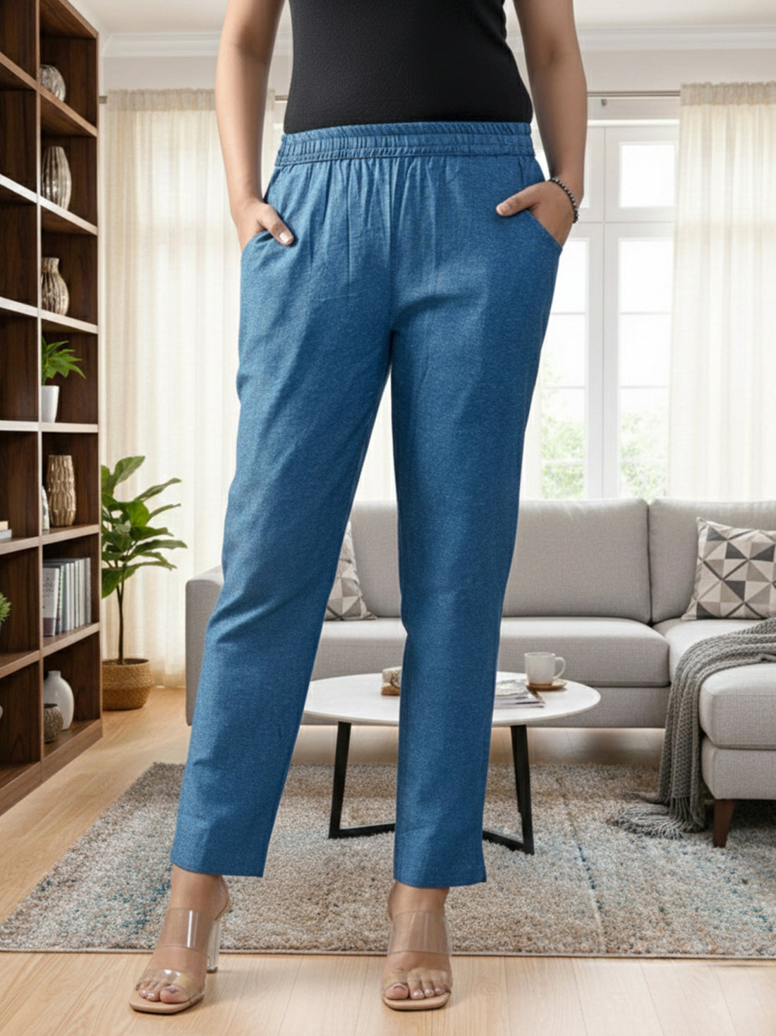 TealBlue Handloom Cotton Round Elastic Trousers