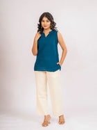 TealBlue Viscose Gathered Neckline Tops