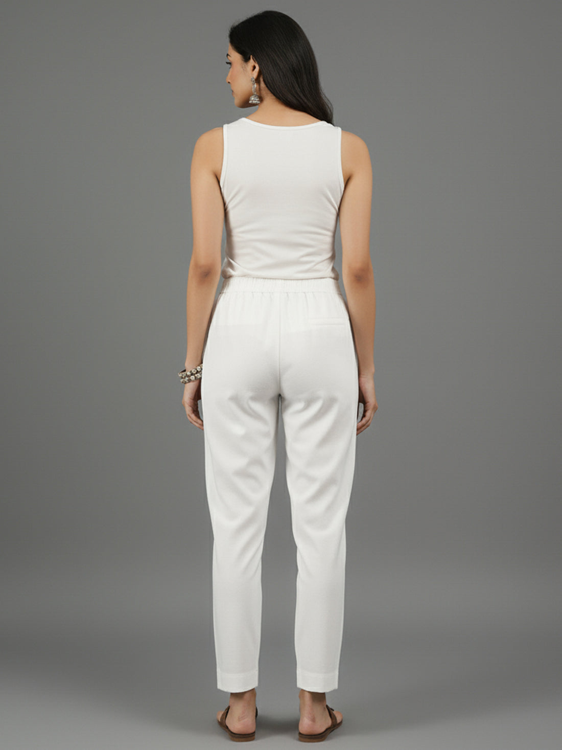 White Everyday Cotton Half Elastic Trouser