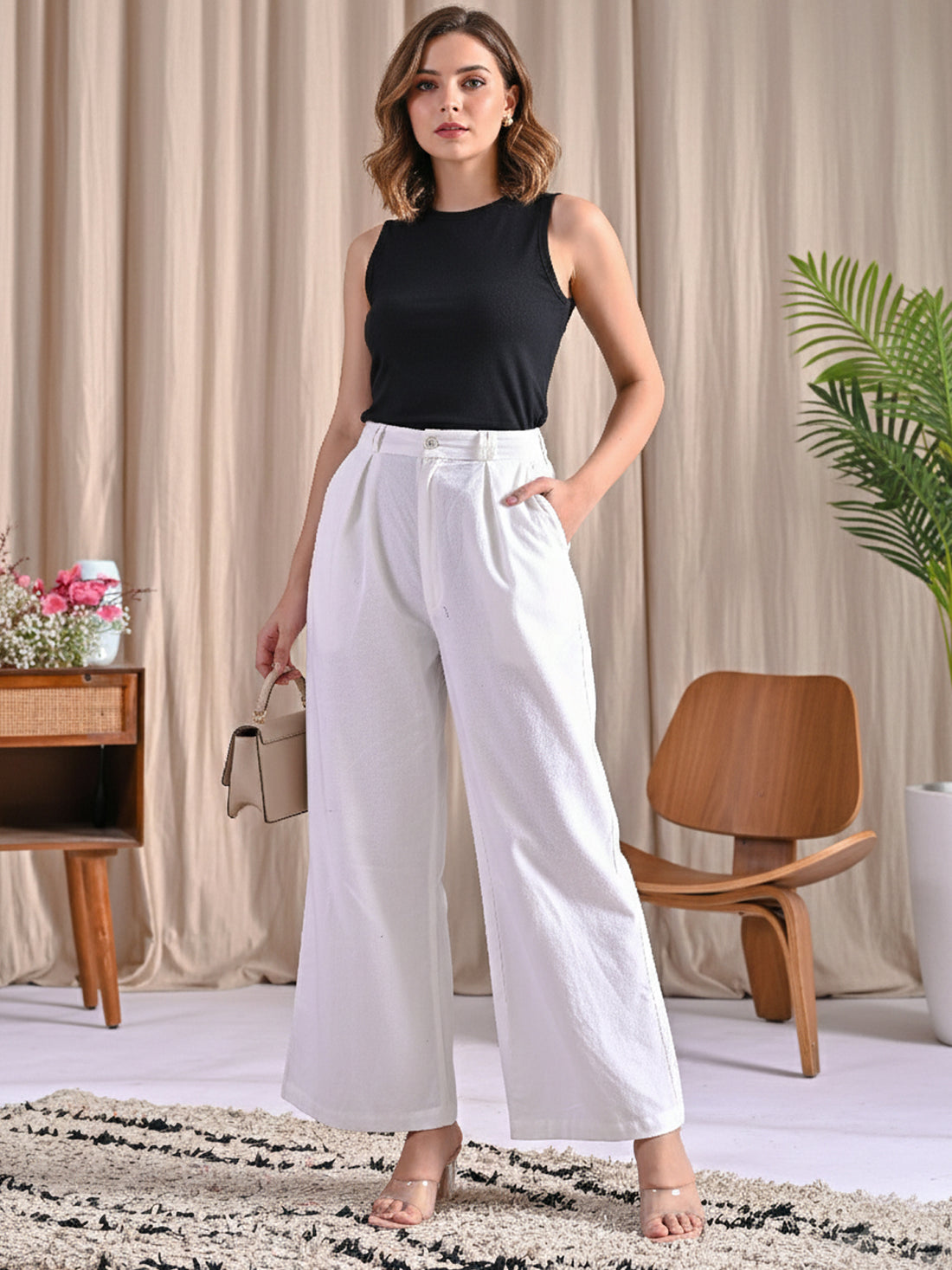 White Relaxed Fit Wide Leg Pants - Pure Cotton