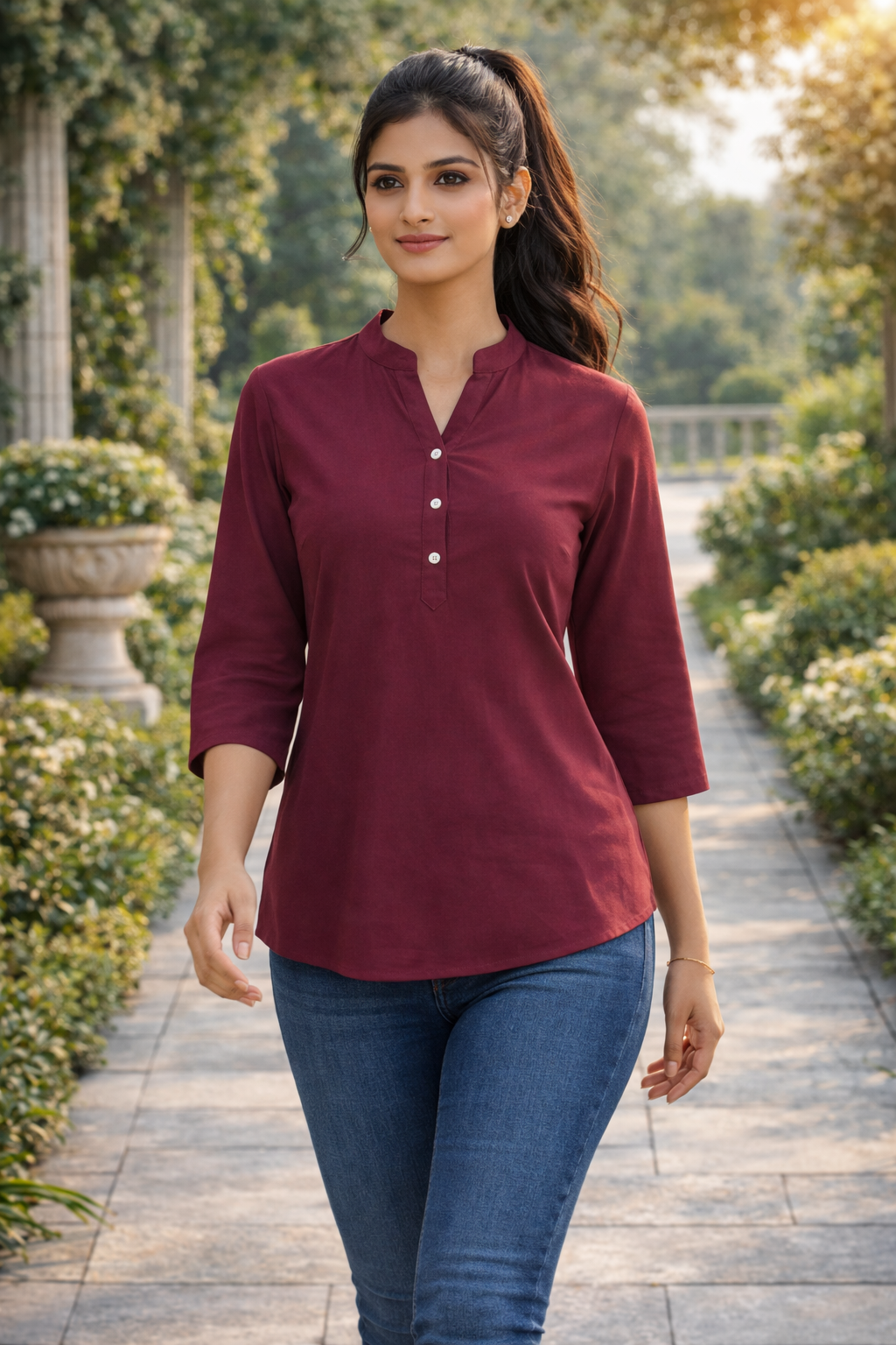 Wine Viscose Regular Fit Tops
