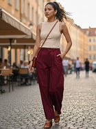 Wine Relaxed Fit Wide Leg Pants - Pure Cotton