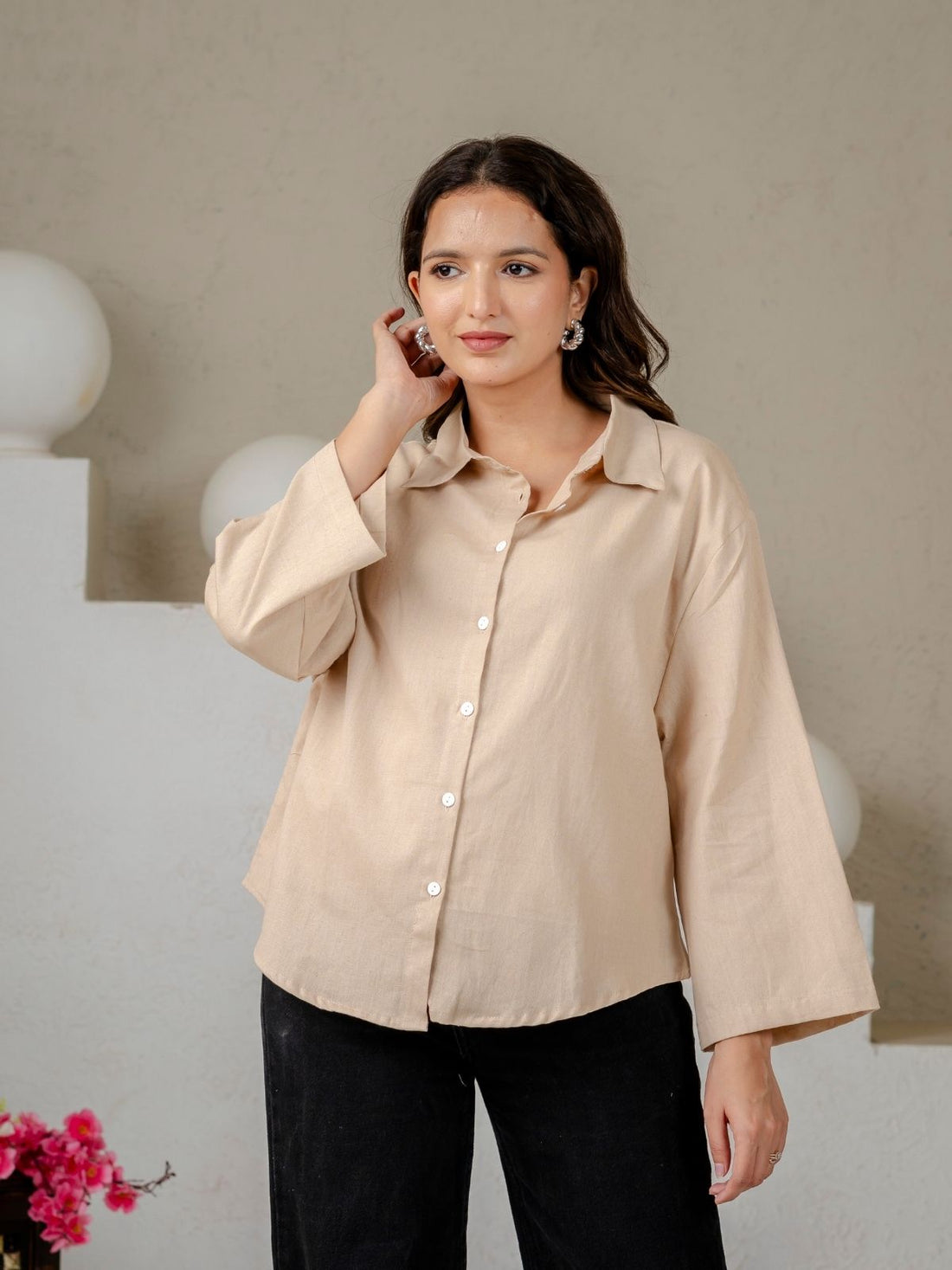 Beige Cotton bell Sleeves Shirts