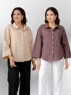 Bundle of 2 Beige & Chocolate Cotton Bell Sleeves Shirt