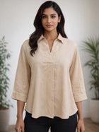 Beige Airy Linen Pleated Cotton Top