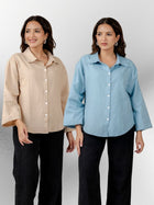 Bundle of 2 Beige & Firozi Cotton Bell Sleeves Shirt