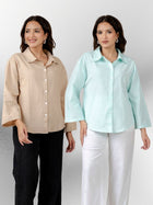 Bundle of 2 Beige & Light Blue Cotton Bell Sleeves Shirt