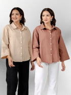 Bundle of 2 Beige & Light Brown Cotton Bell Sleeves Shirt
