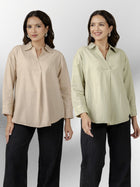 Beige & Light Green Airy Linen Pleated Cotton Tops