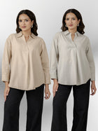 Beige & Light Grey Airy Linen Pleated Cotton Tops