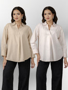 Beige & Light Pink Airy Linen Pleated Cotton Tops
