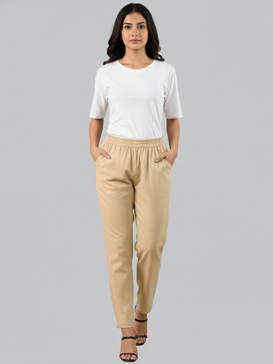 Bundle of 2 Beige & Wine Everyday Cotton Round Elastic Trousers