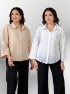 Bundle of 2 Beige & White Cotton Bell Sleeves Shirt