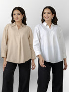 Beige & White Airy Linen Pleated Cotton Tops