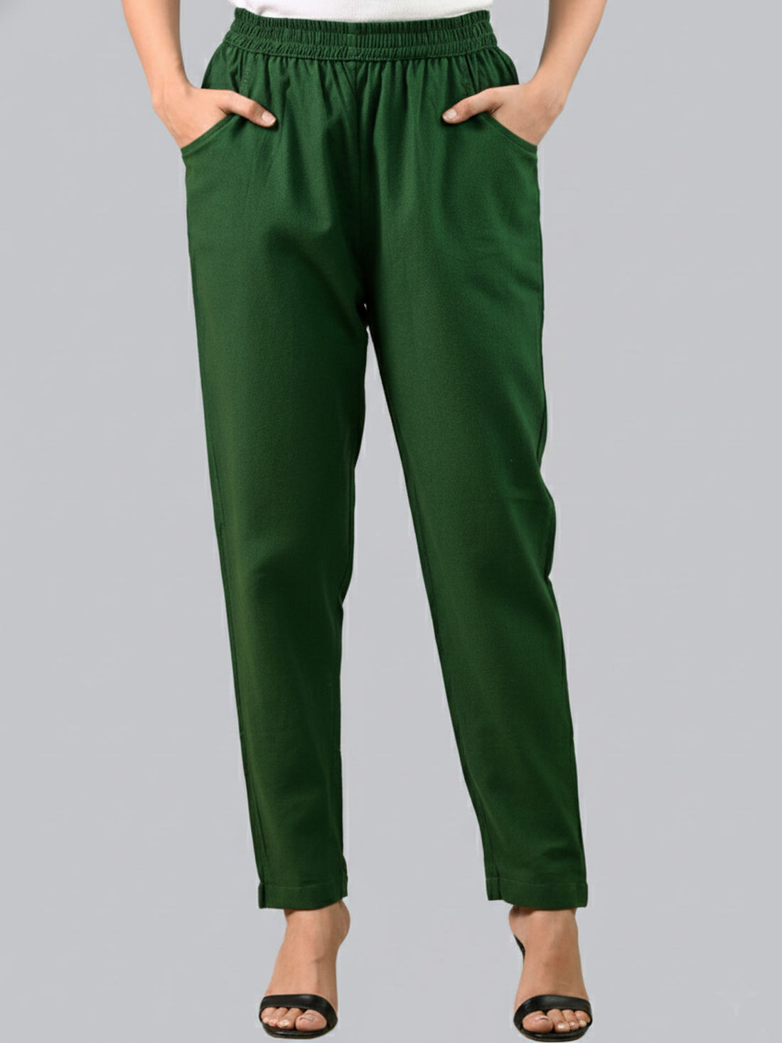 Bundle of 2 Bottle Green & Mehndi Everyday Cotton Round Elastic Trousers